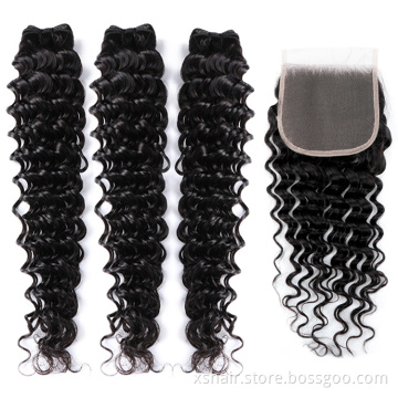 Brazilian Human Hair Bundles 10-38 Inches Deep Curly Hair Bundles Weaves+4x4 Lace Closure Human Hair Weave Vendors